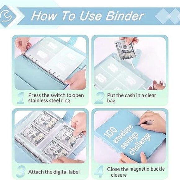 100 Envelope Savings Challenge Binder, Light Blue, New Sealed - Picture 4 of 5